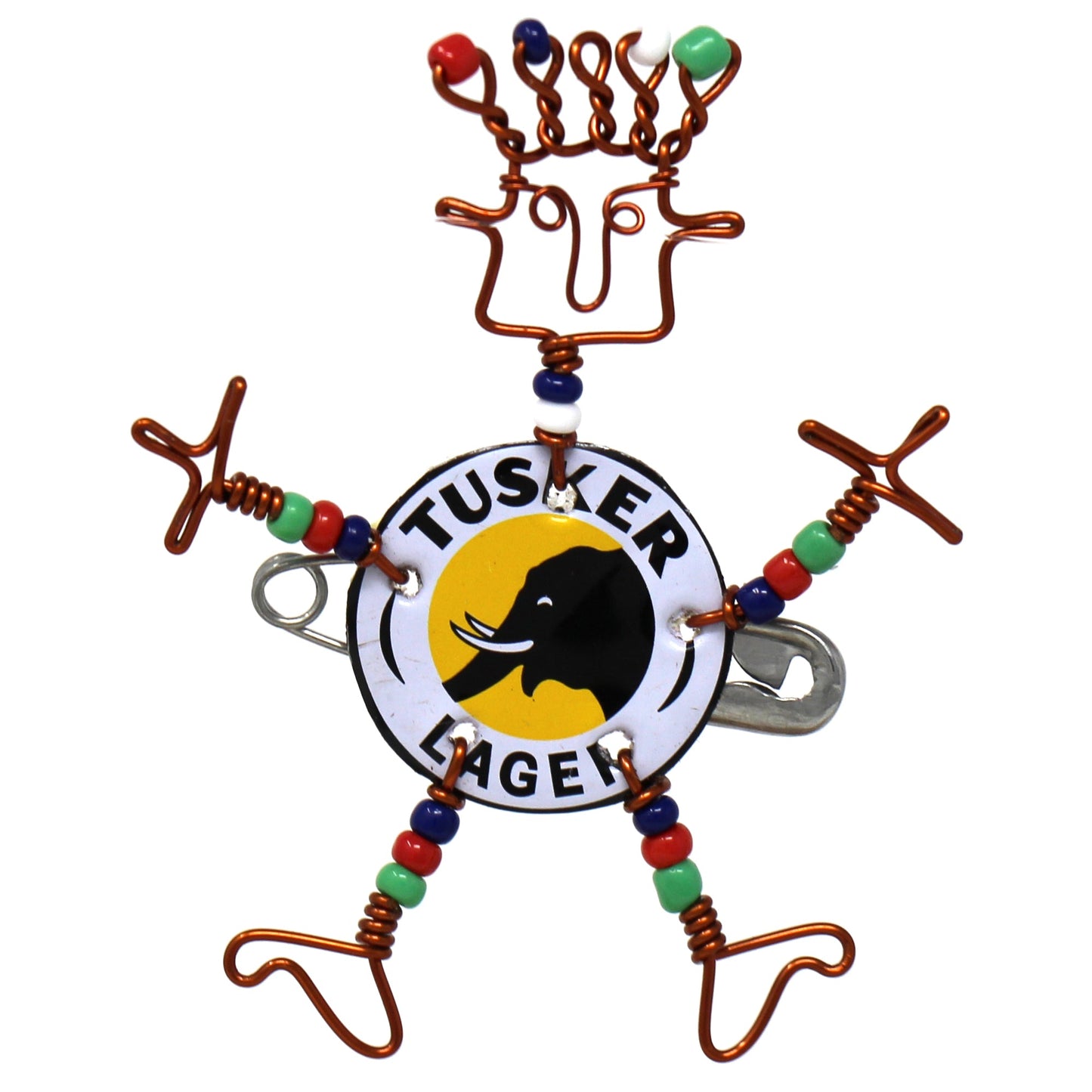 Handmade bottle cap pin crafted from recycled Tusker beer caps, copper wire, and Maasai beads.