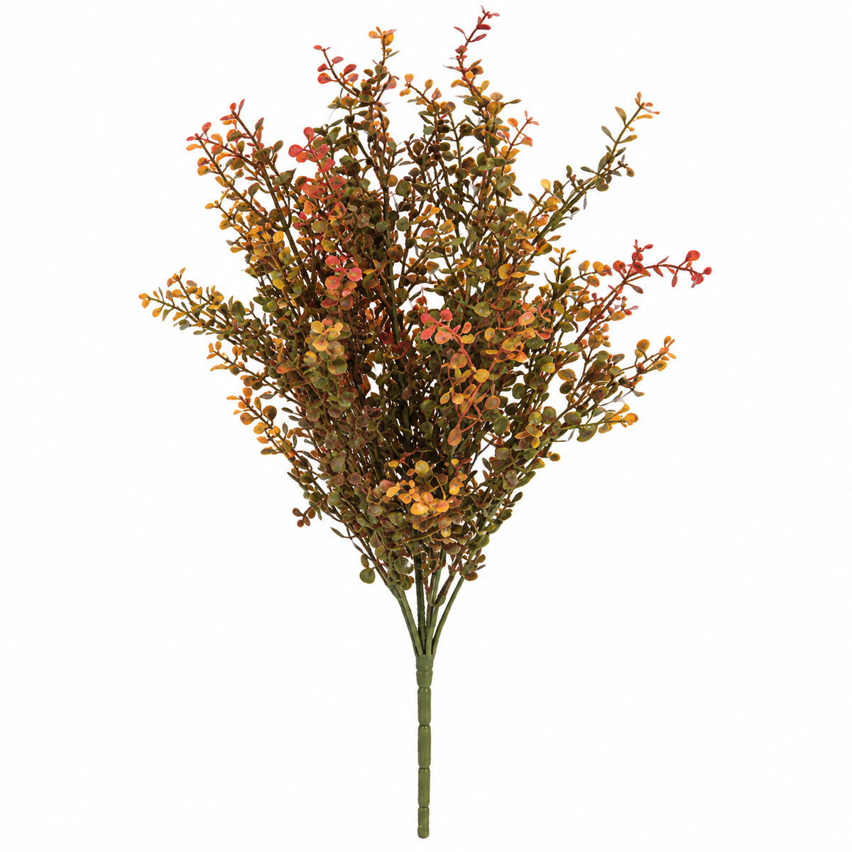 An artificial autumn bush with dense branches featuring small leaves in shades of olive green, brown, orange, and red, with a green stem, isolated on a white background.