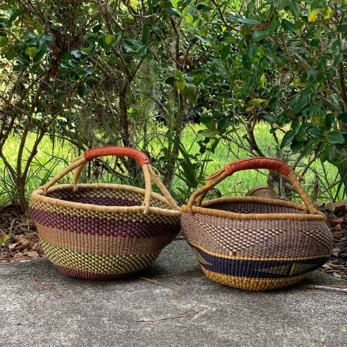 Bolga market tote with natural leather handle, ideal for groceries or decor