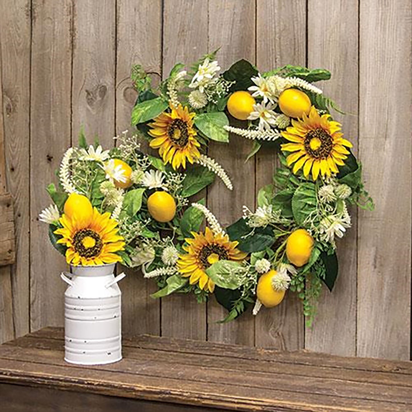 18-inch faux floral spray featuring lemons, sunflowers, daisies, and buds on green-wrapped stem