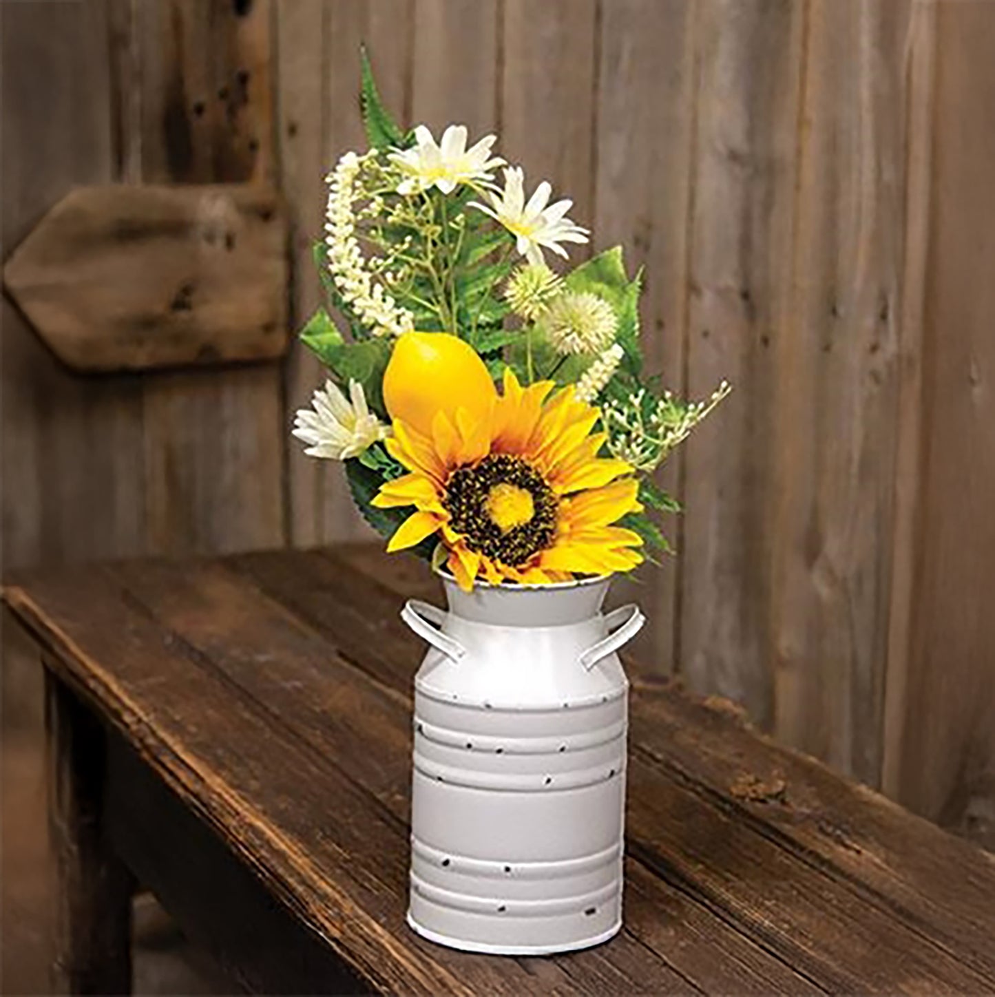 Artificial lemon and sunflower stem with layered yellow flowers and plastic greenery
