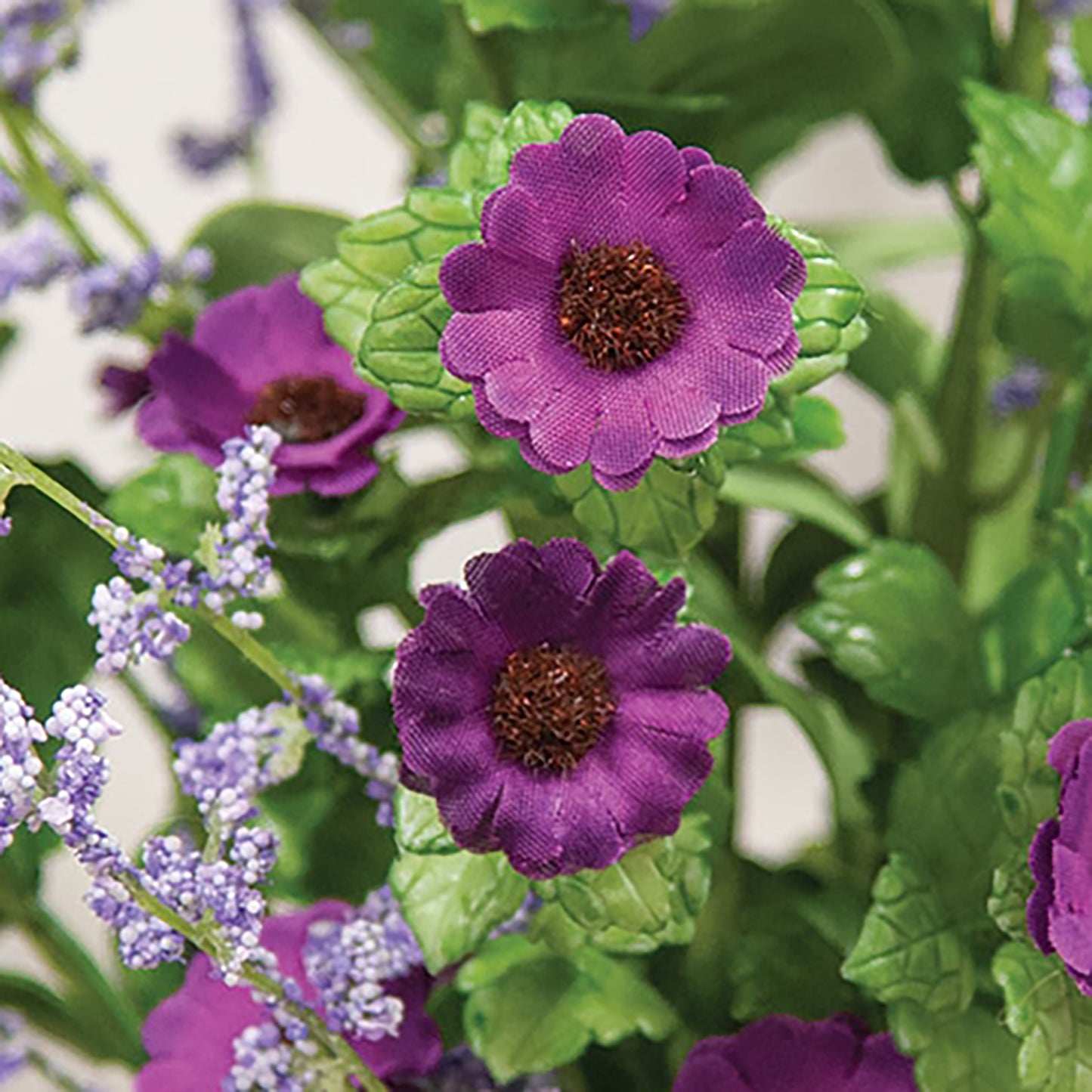 22-inch artificial flower bush with purple blooms, white foam accents, and realistic foliage