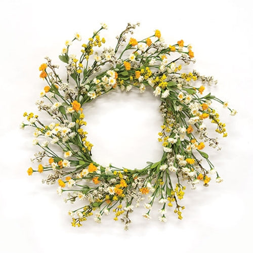 Cream and yellow floral spring wreath with green-wrapped base and astilbe accents