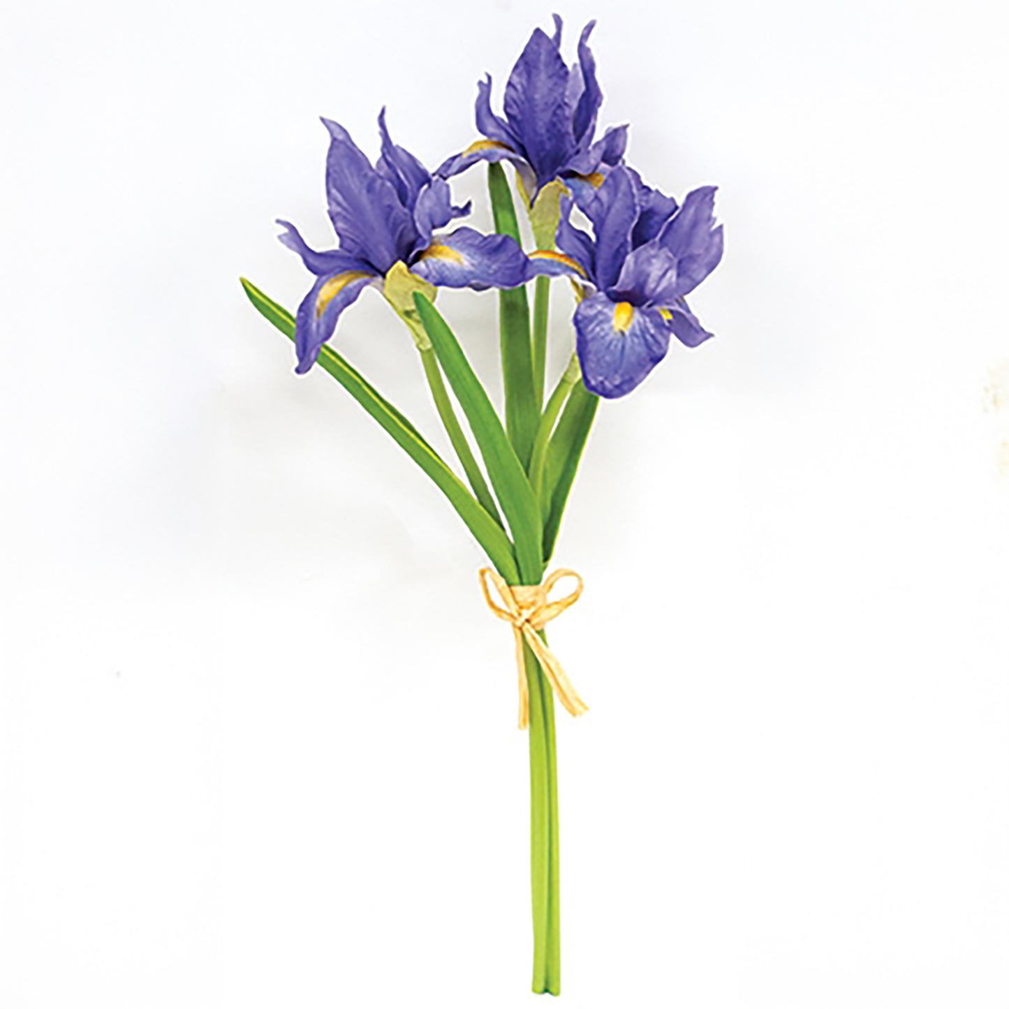 14.5-inch faux flower bundle featuring vibrant iris blossoms and tied with raffia