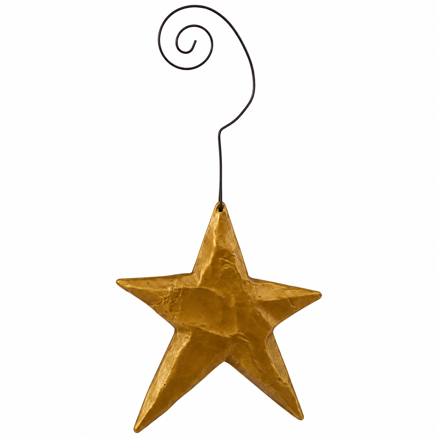 Antique gold hammered star ornament with a black hanging cord displayed against a clean white background.
