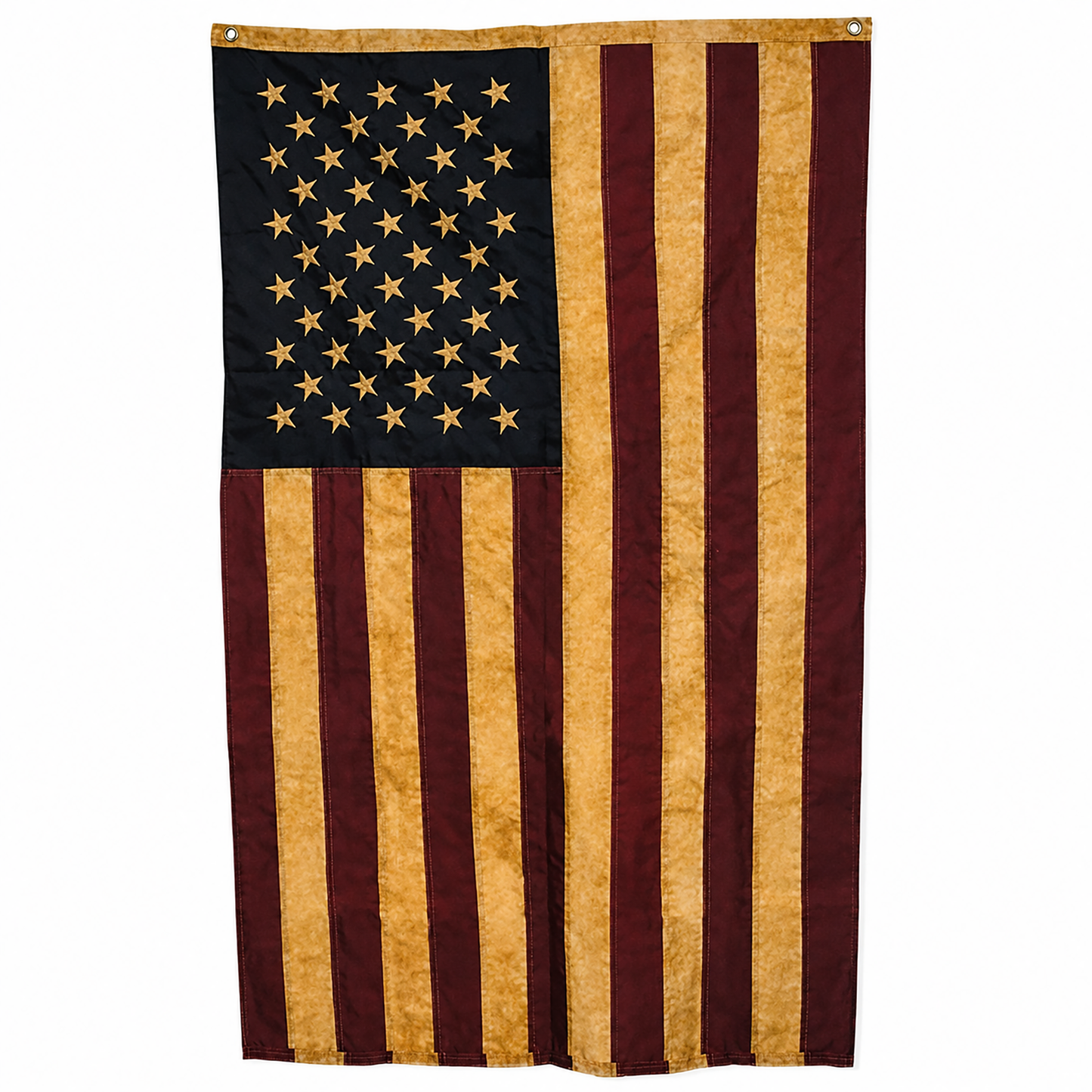 Teastained embroidered American flag for patriotic outdoor decor, antique Americana displays, Memorial Day decorating, and traditional American country styling