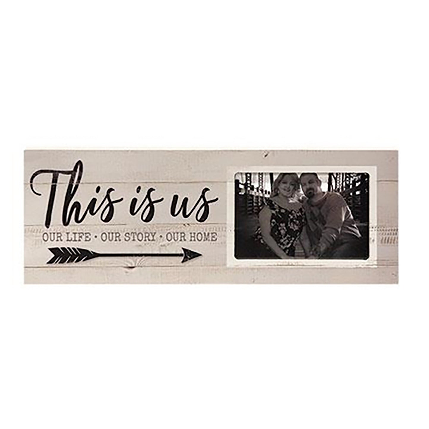 Rustic gray wood photo frame sign with 4x6 photo slot and “This is us” quote, includes peg for tabletop display