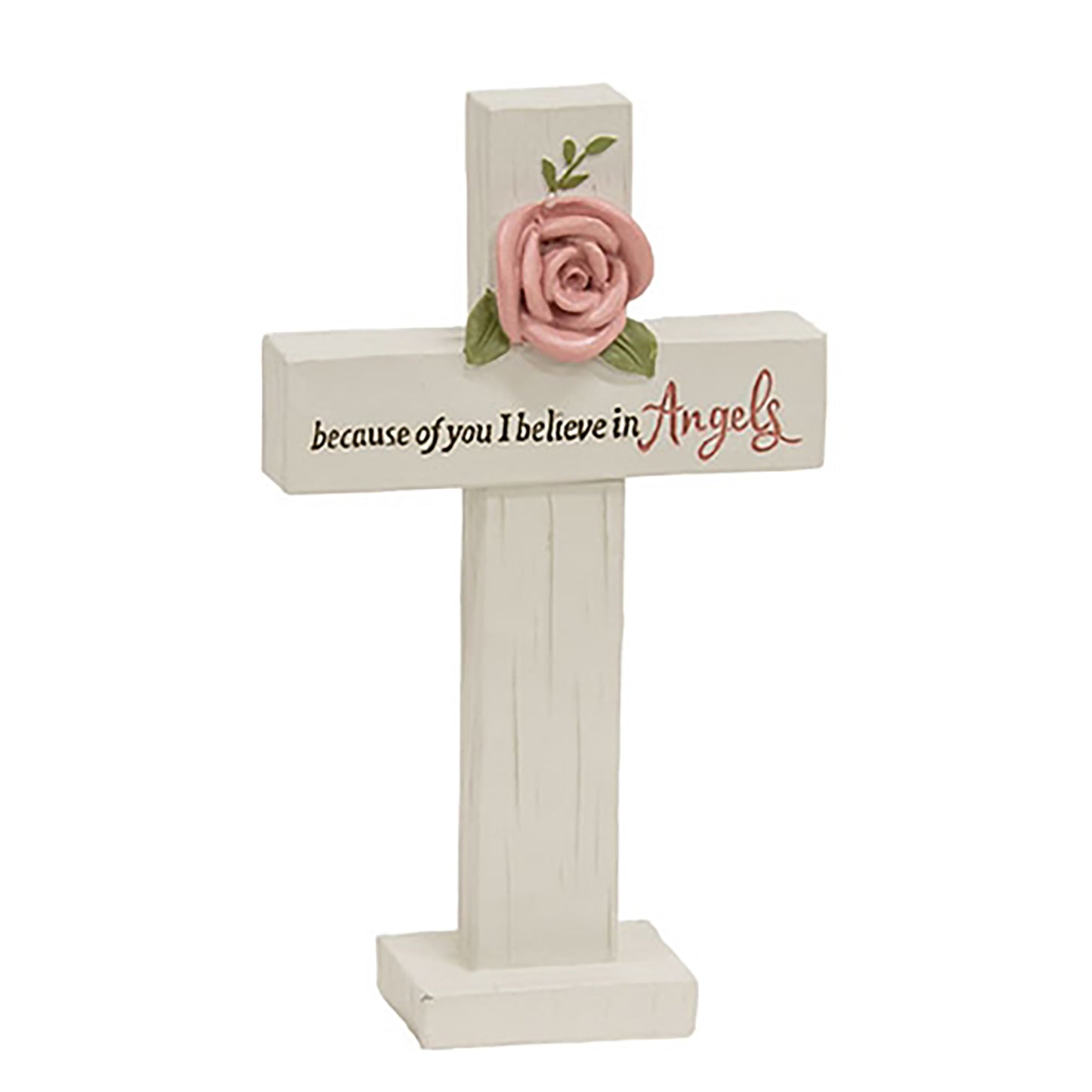 Freestanding angel-themed resin cross with floral detail, ideal for tabletop memorial displays