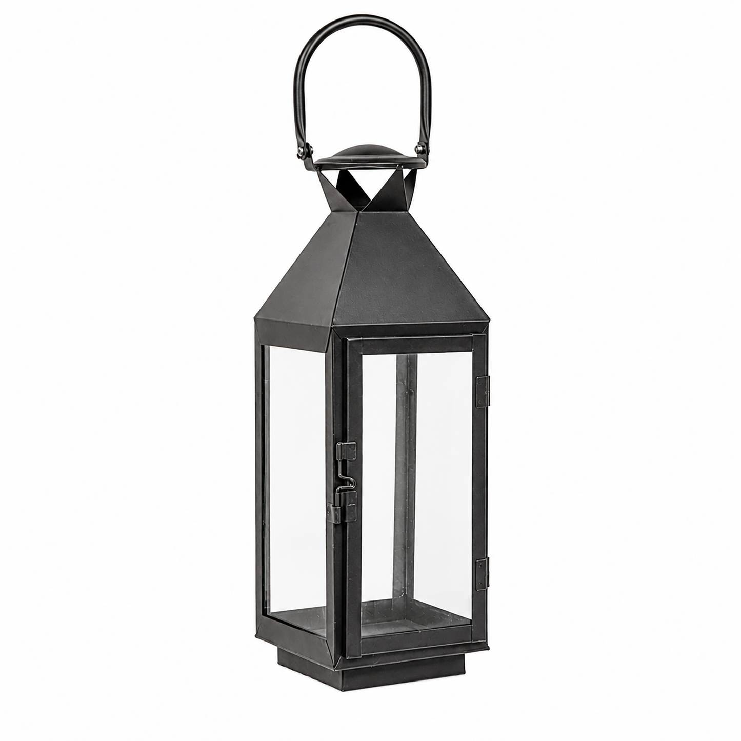 Decorative metal lantern with glass panels for farmhouse table displays, pillar candle styling, rustic porch decor, and everyday home decorating