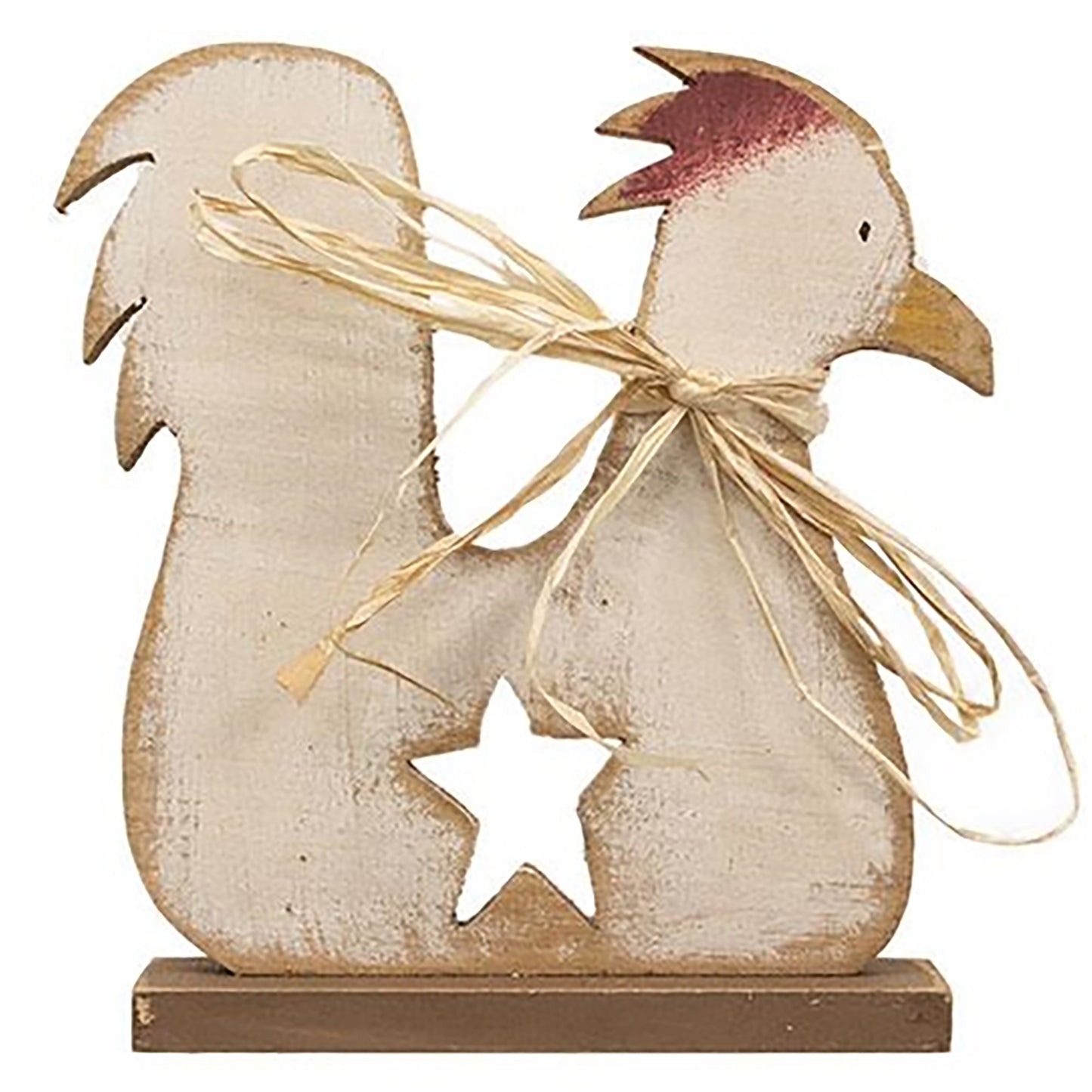 Primitive farmhouse rooster with red comb, yellow beak, and country-style wooden construction