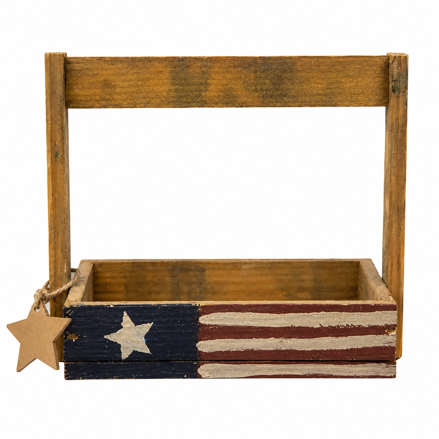 Made in USA primitive wood tote featuring patriotic flag artwork for rustic country decor displays