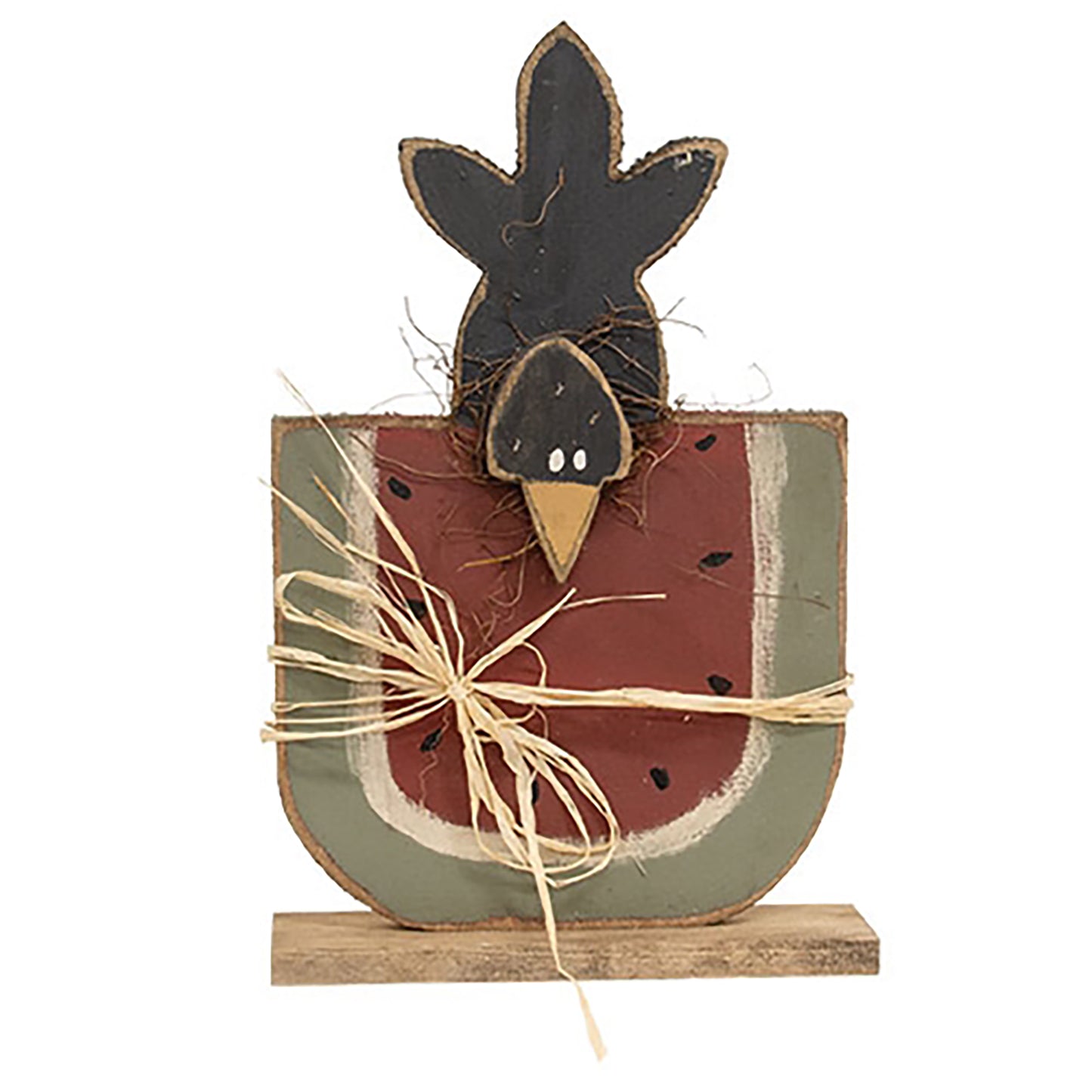 Freestanding distressed wood watermelon and crow figurine with handcrafted detailing, ideal for patriotic and country-style shelf or tabletop display