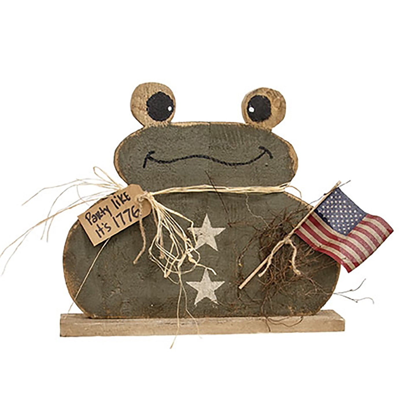 Americana frog figure with paper tag, jute accents, and white star details for Fourth of July display