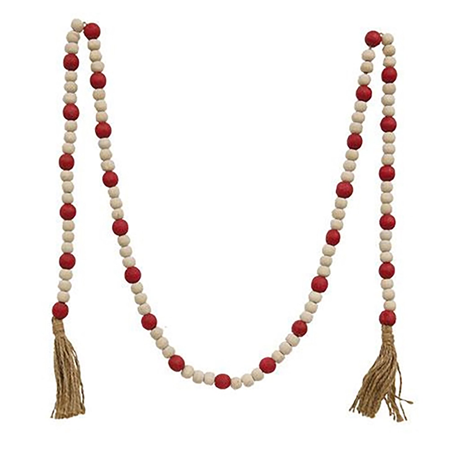 Close-up of jute tassel and alternating red and natural wooden beads on decorative garland
