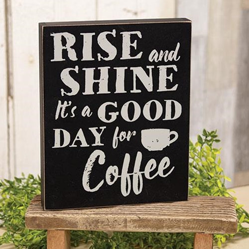 Rustic wood box sign with Rise and Shine quote and coffee mug art