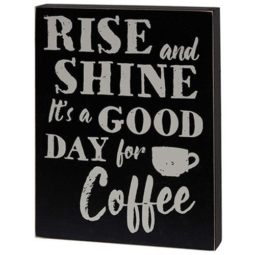 Freestanding black and gray kitchen sign with coffee-themed quote