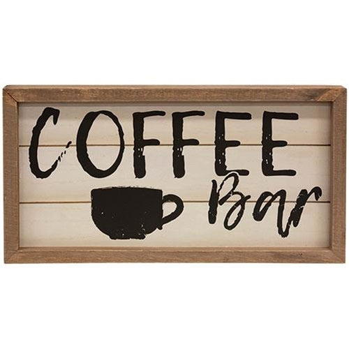 Rustic wood-framed sign with "Coffee Bar" text and coffee mug art, perfect for farmhouse kitchens or country-style coffee stations.
