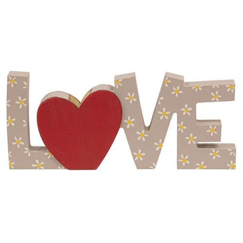“Love” wooden block with red heart vase and yellow floral design