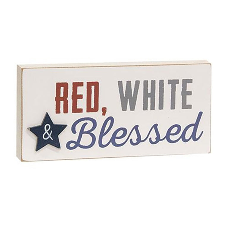 Freestanding wood shelf sitter with distressed edges and patriotic lettering for 4th of July or Americana-style displays