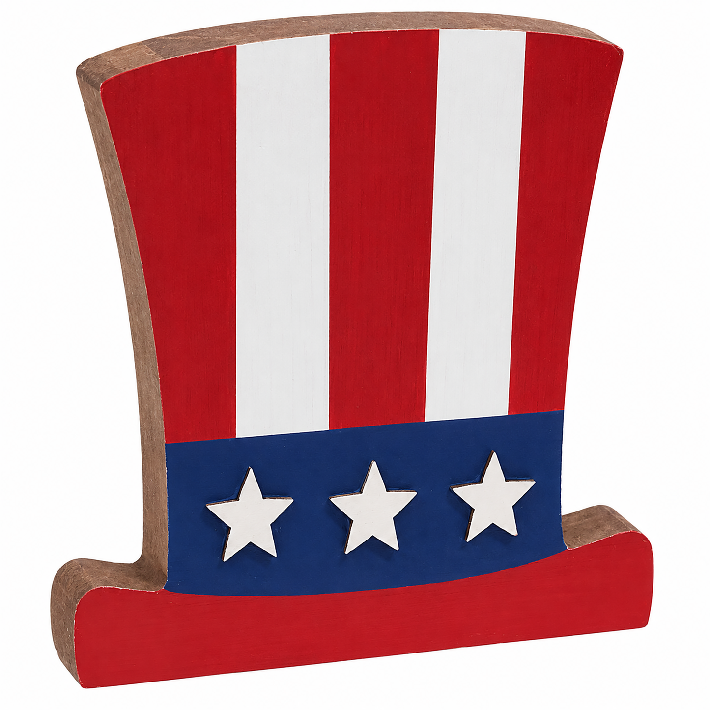 Patriotic wooden Uncle Sam hat decor with stars and stripes Americana design for farmhouse shelves, Memorial Day decorating, summer tabletop displays, and rustic home styling