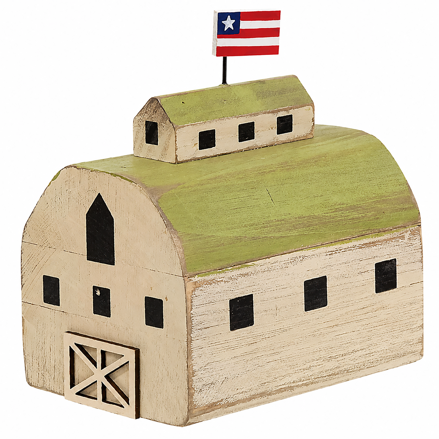 Rustic carved wood barn figure with weathered painted finish, Americana colors, and freestanding country home display