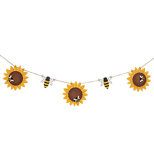 42-inch wood garland featuring distressed sunflowers and bees, ideal for windows, mantels, or walls