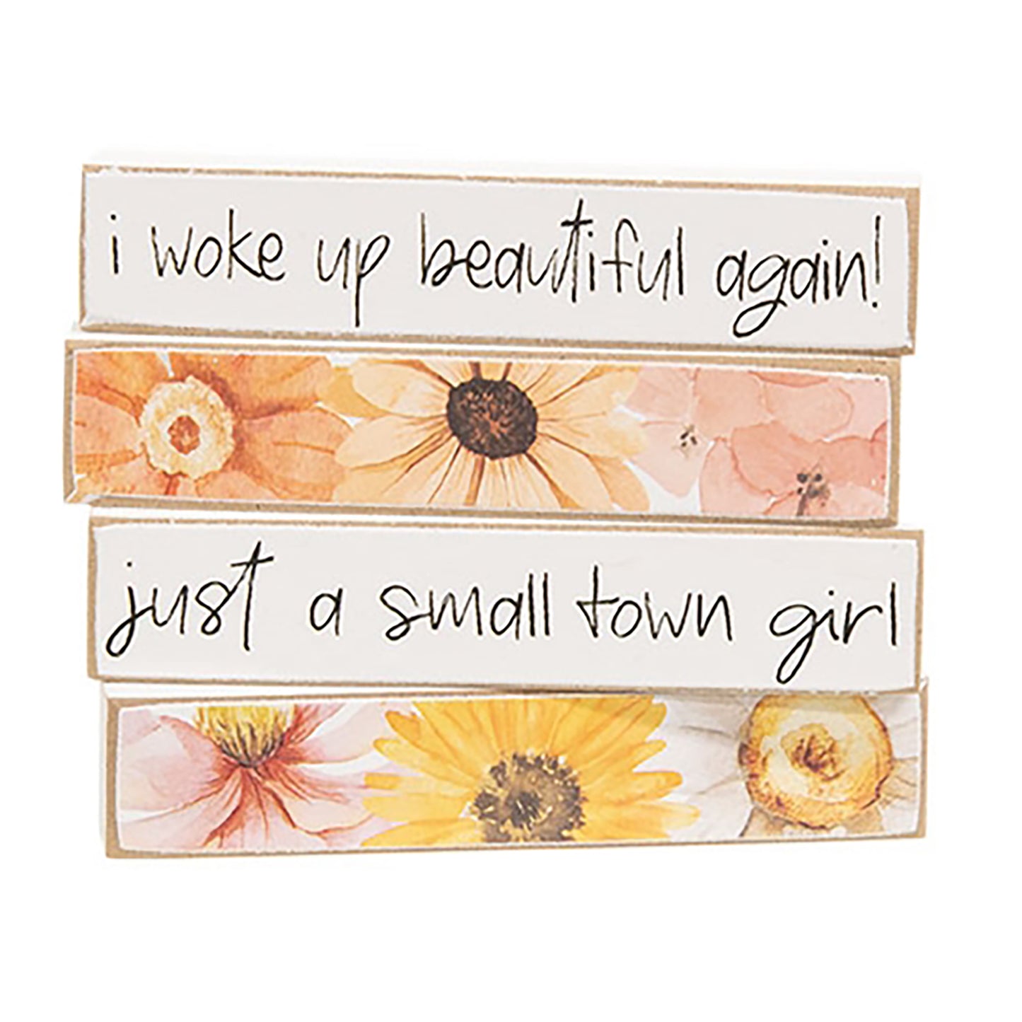 Set of 4 rustic floral and quote mini wood blocks with a distressed finish
