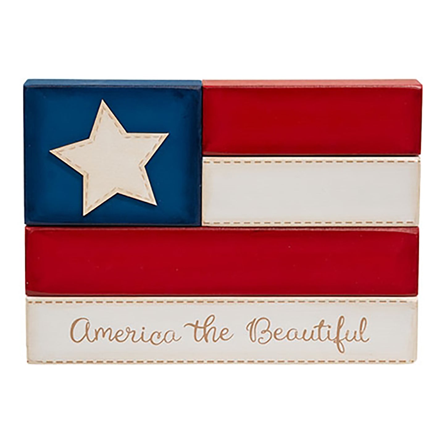 Distressed Americana tabletop flag decor with dimensional wooden blocks and patriotic country styling