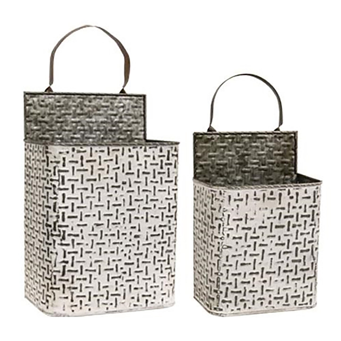 Shabby chic hanging wall buckets with embossed detail and rustic farmhouse style