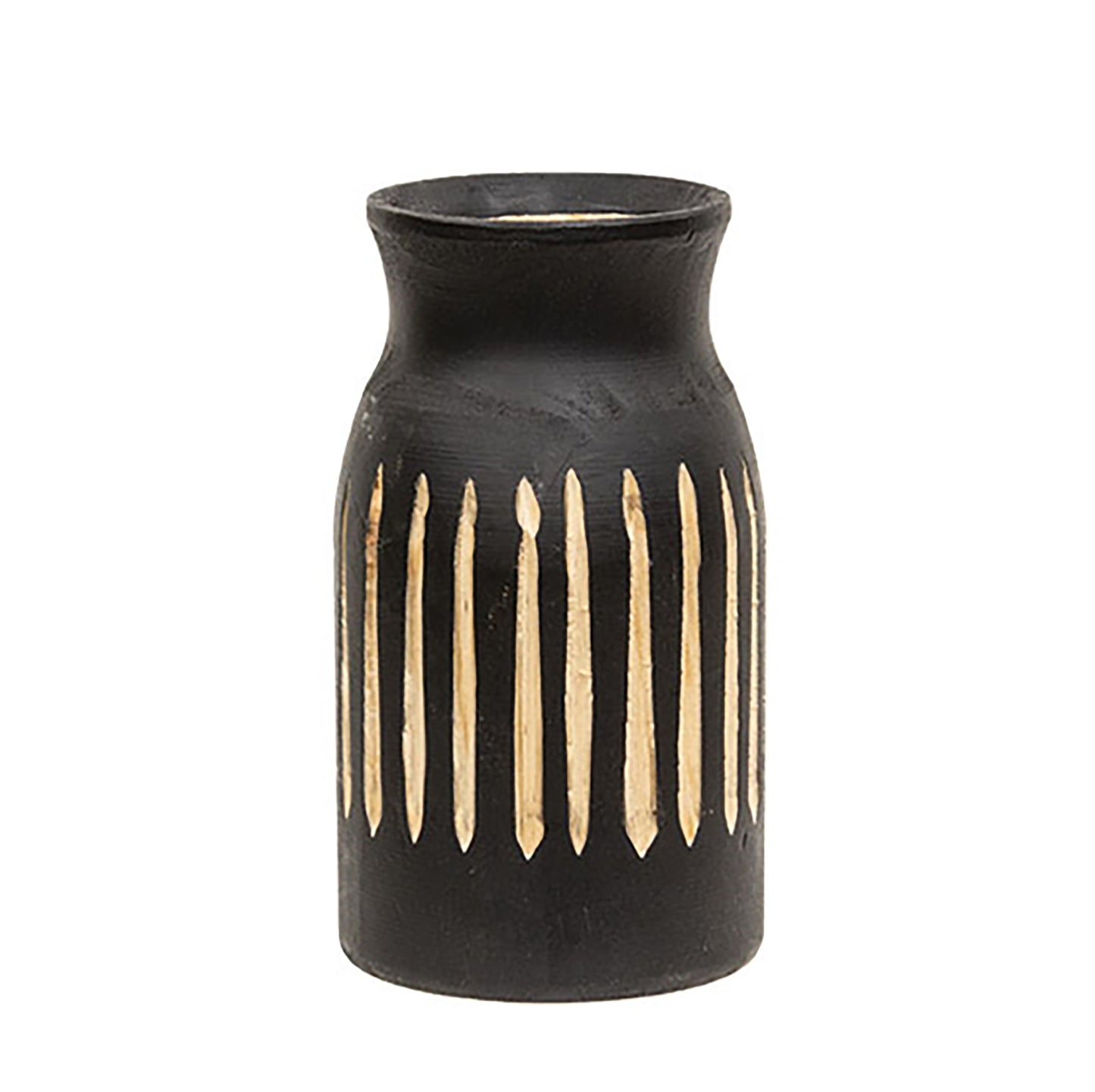 Decorative black vase with etched wood pattern and natural detail