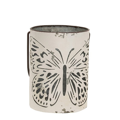 Decorative metal containers with butterfly cutouts, perfect for candles or floral displays