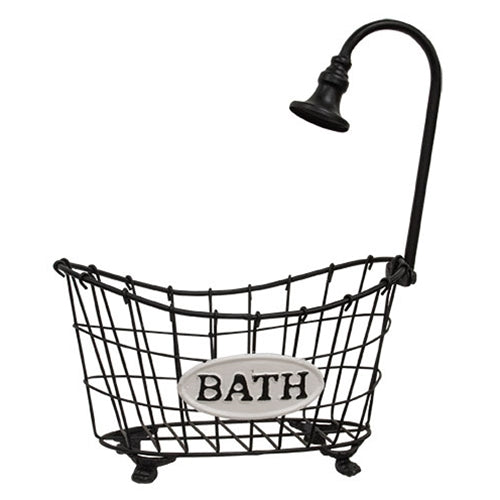 Decorative black metal bathtub-shaped storage basket with shower head and "Bath" sign