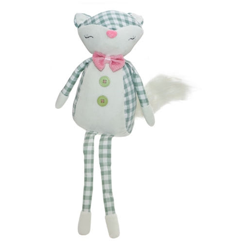 Green and white plaid fabric fox with floppy limbs and button accents