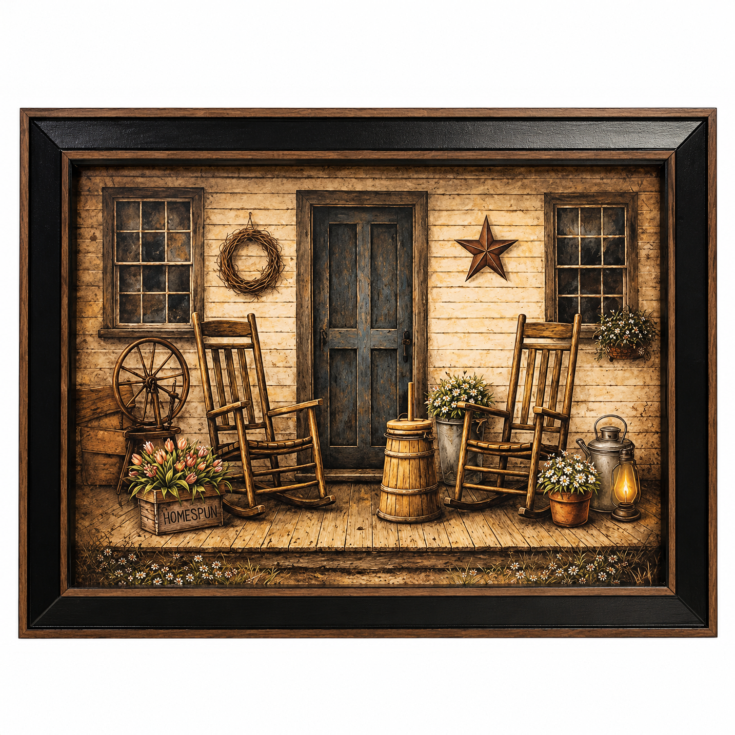 Homespun primitive framed wall art by Keith Bowman featuring country porch artwork, Americana accents, rustic decor, and vintage farmhouse style