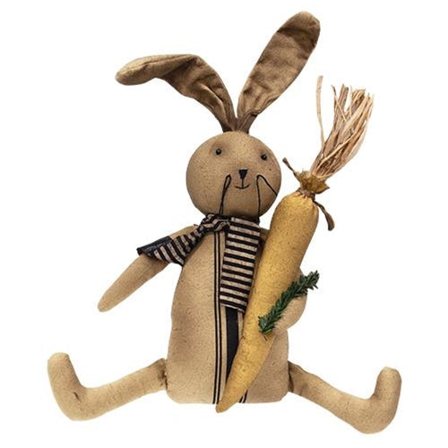 Rustic spring bunny figurine with aged finish, dangling limbs, and name tag