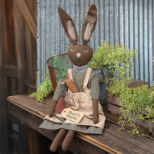 Rustic standing bunny doll in gingham dress with plush garden bundle