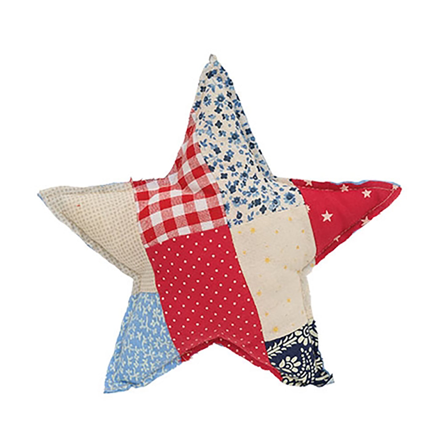 Primitive patriotic stuffed star pillow with patchwork country fabric and rustic stitched edges