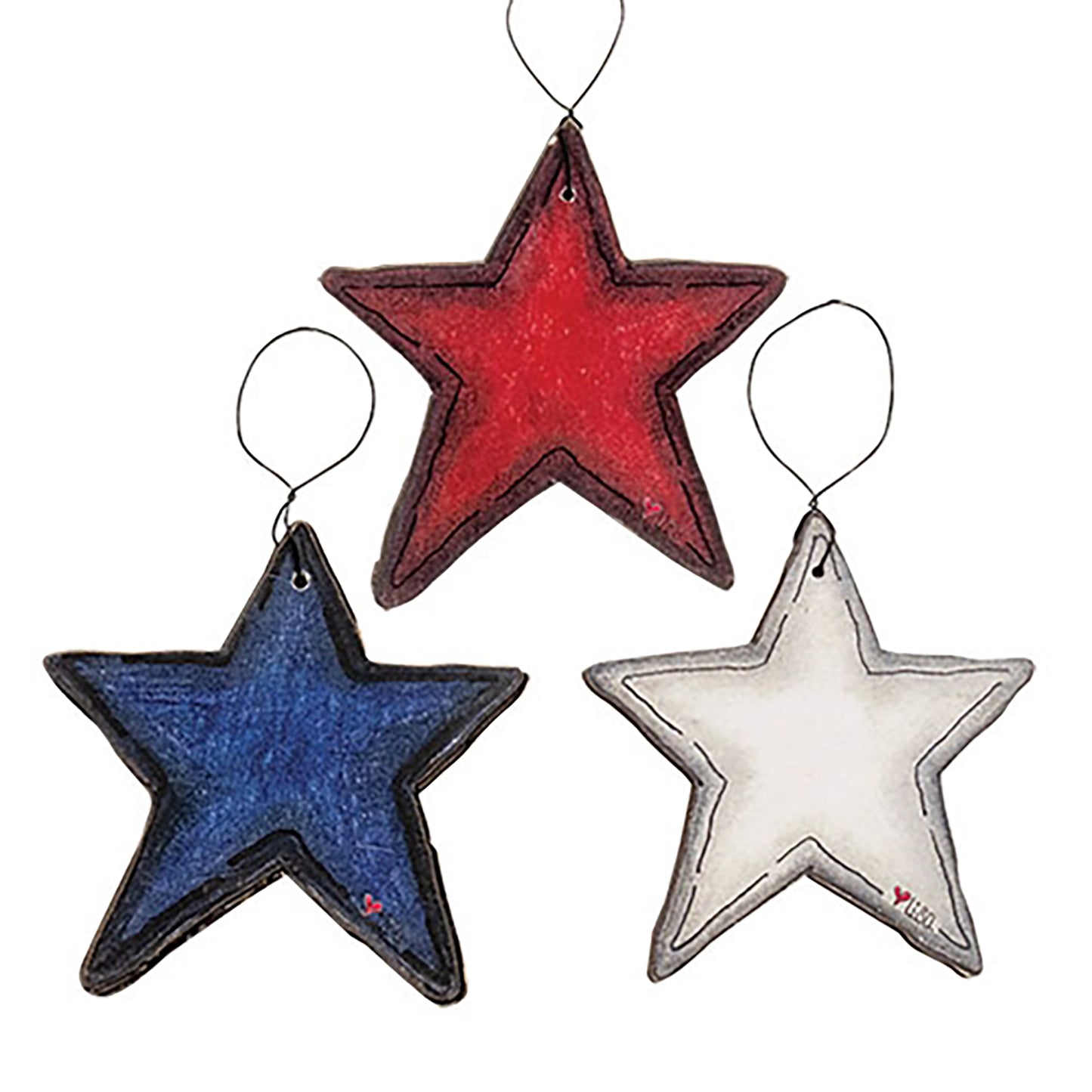 Farmhouse patriotic hanging star ornaments with doodle-style Americana country design