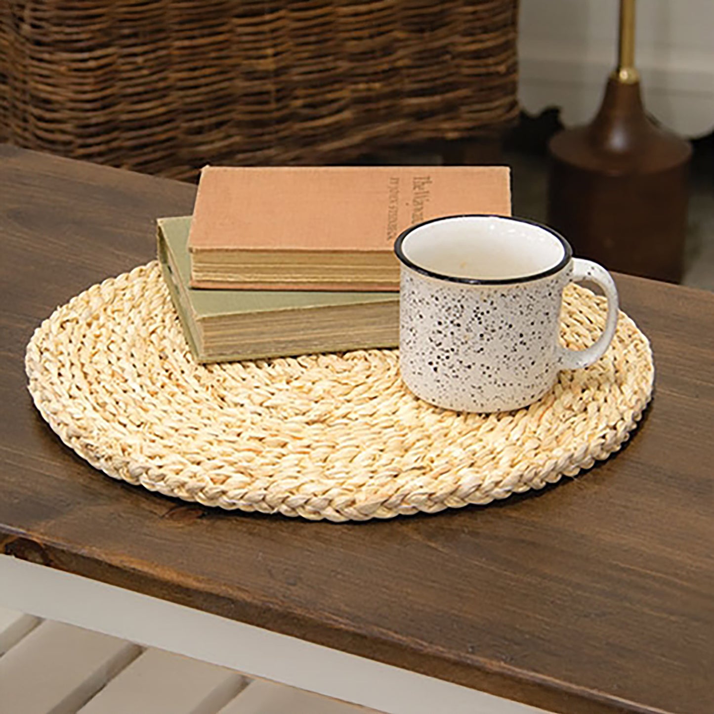 Rustic round corn husk placemat for farmhouse or country-style table settings