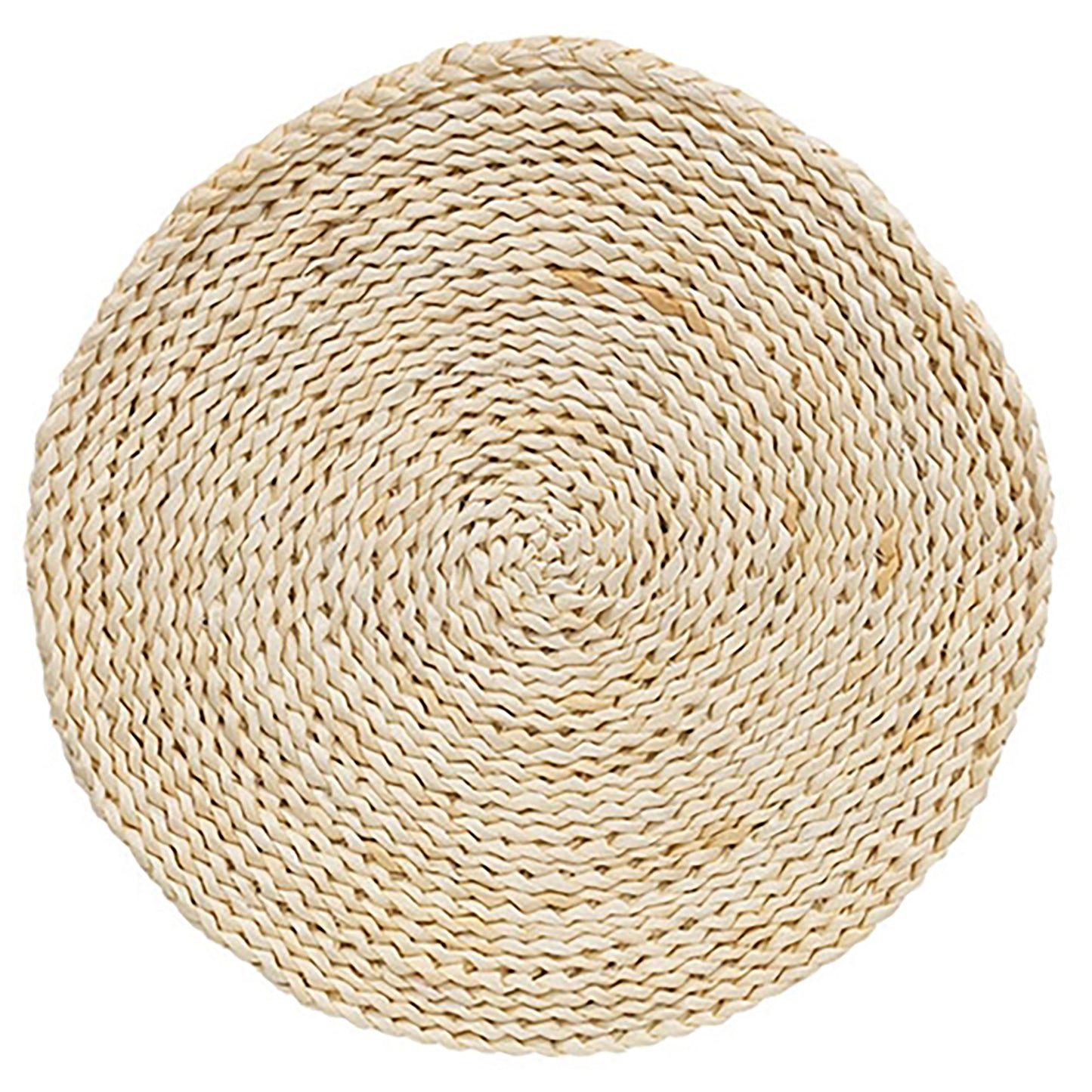 Natural braided corn husk table mat with coiled design and golden-tan finish