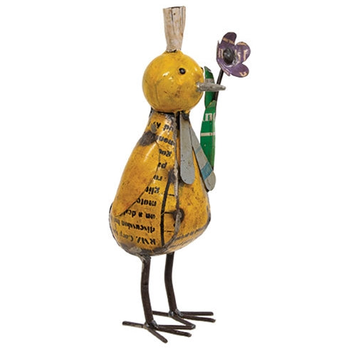 Freestanding spring chick figurine made of rustic recycled metal