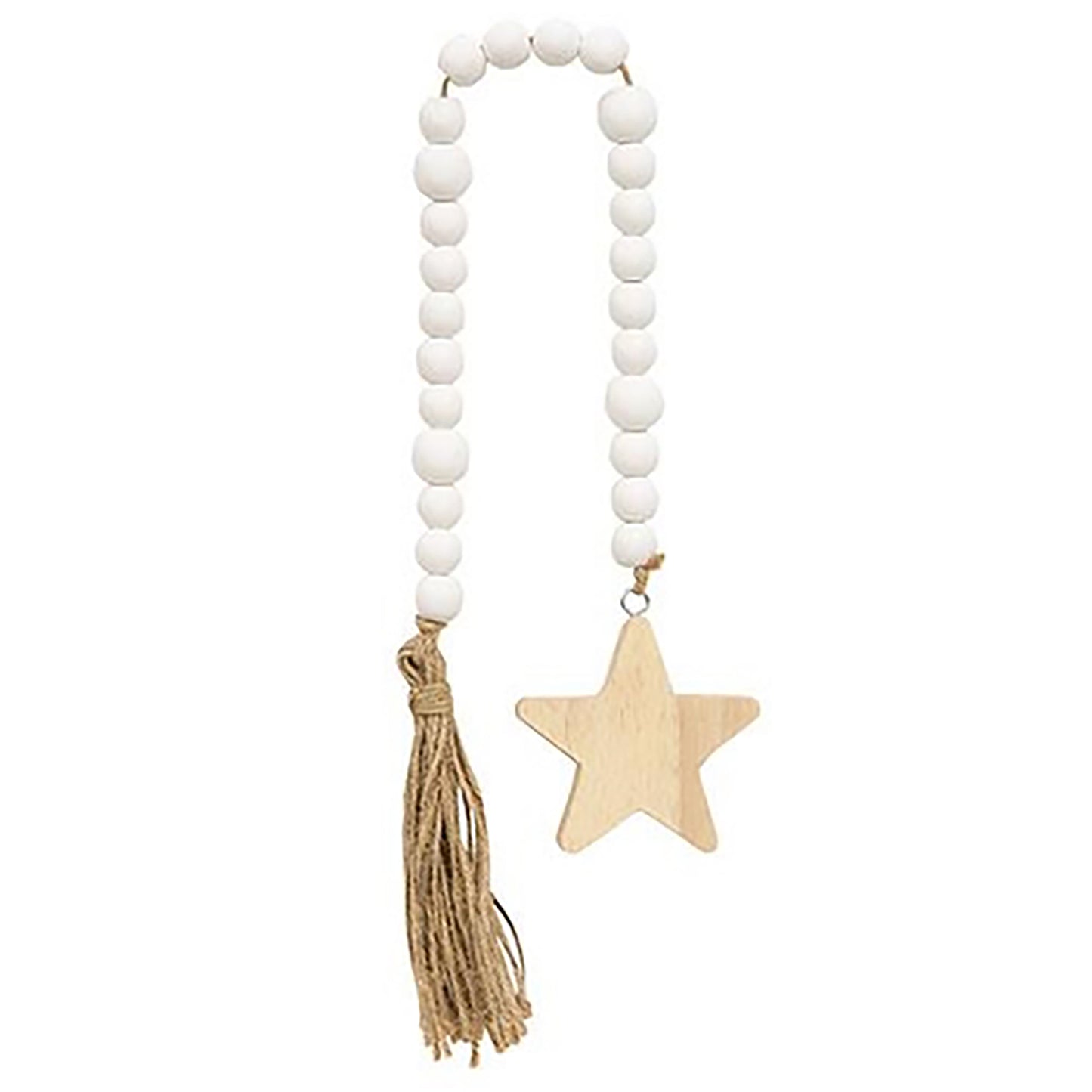 White wood bead tassel garland with wooden star accent and jute rope for rustic farmhouse shelf decor