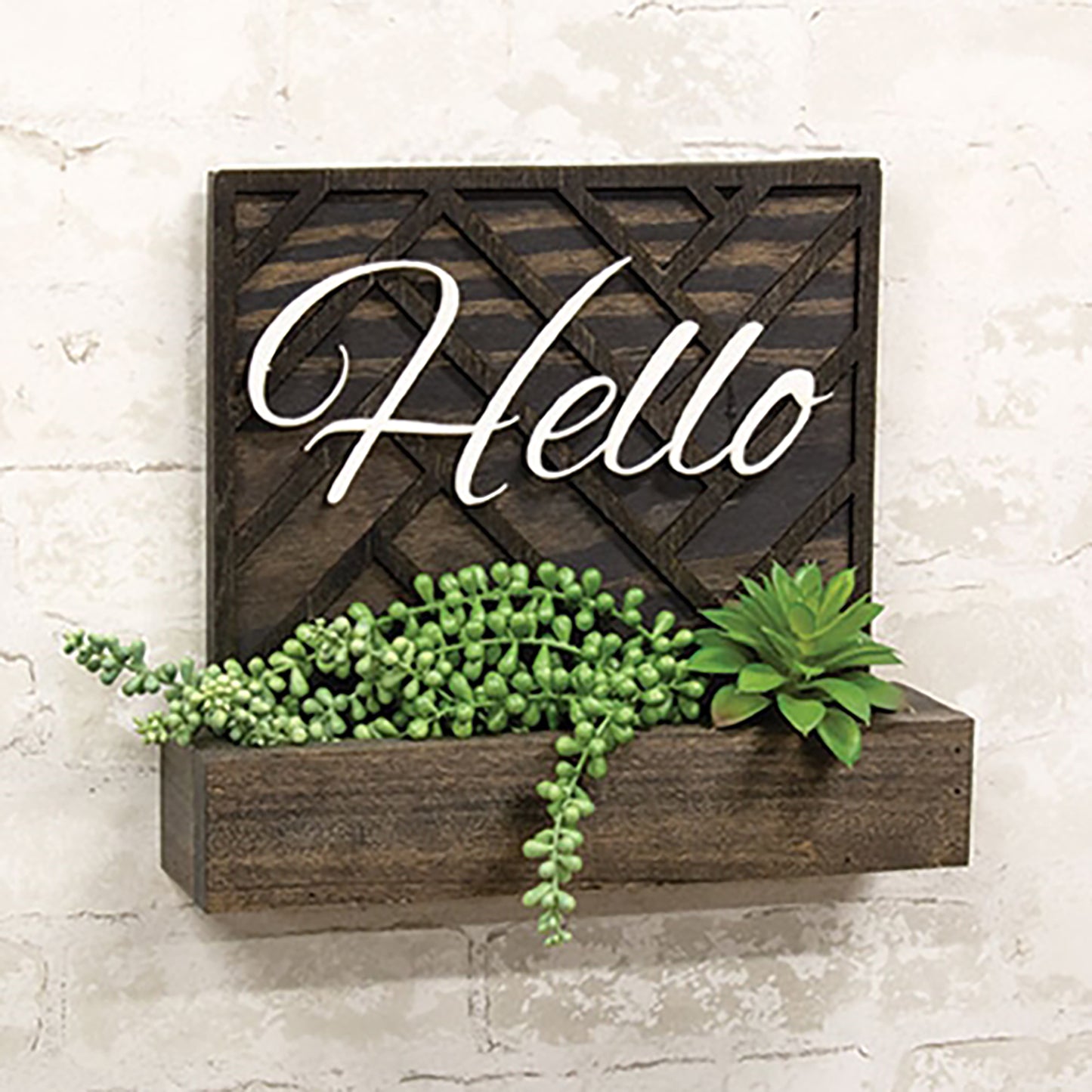 Decorative lattice wall planter with farmhouse-style “hello” sign and sawtooth hangers