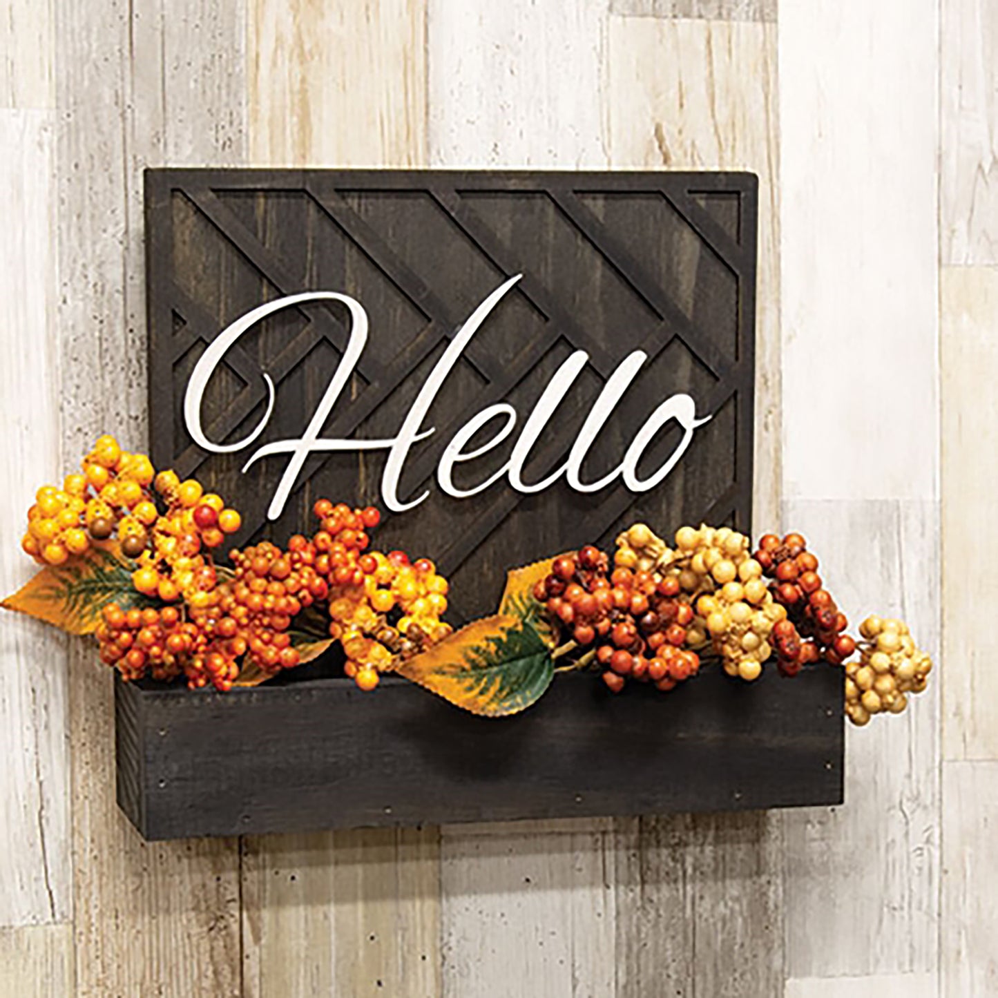 Wood wall décor with slim planter box for dried florals and rustic seasonal accents