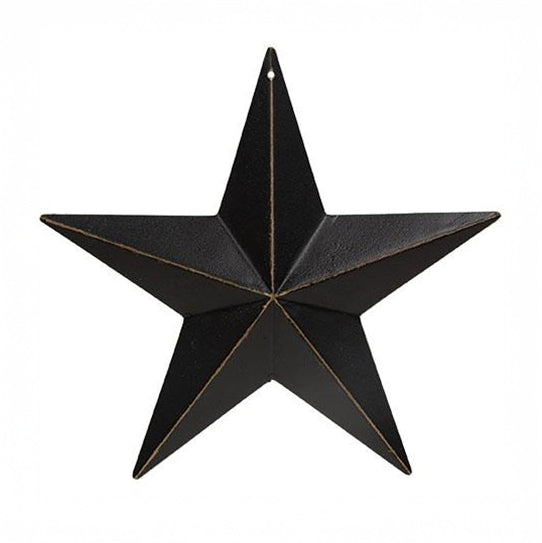 Decorative 8-inch black barn star with rusty brown accents, made of metal and styled for rustic farmhouse decor.