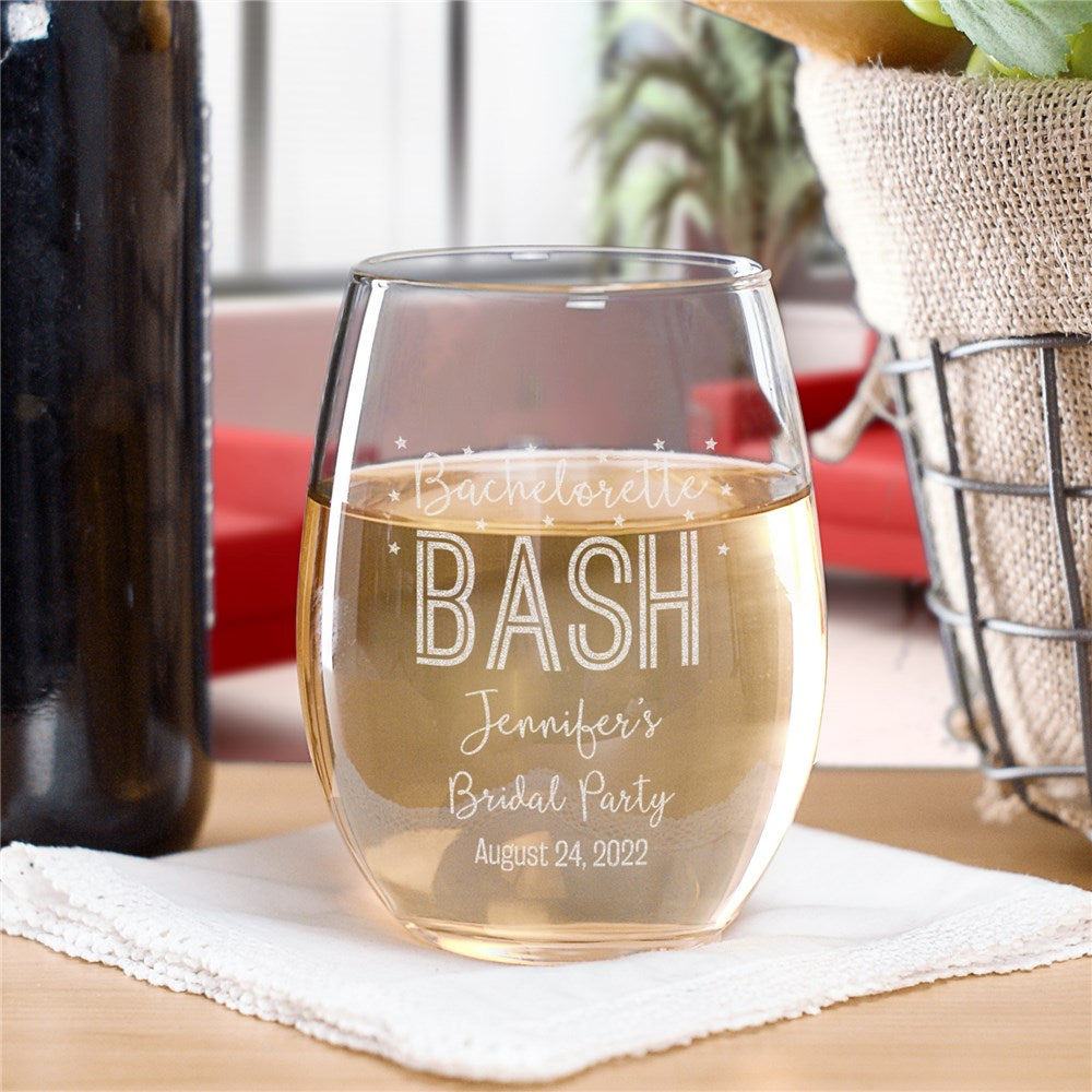 Engraved Bachelorette Bash Stemless Wine Glass