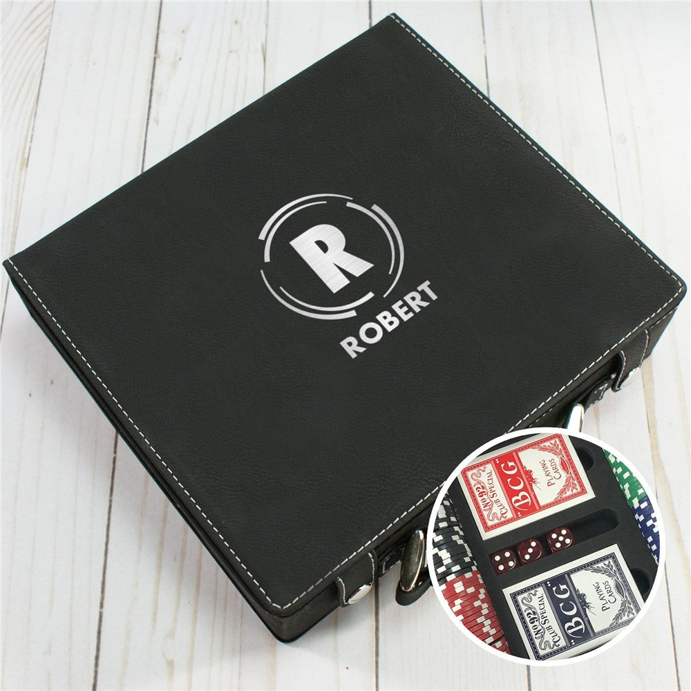Vegan leather poker set engraved with initial and name, includes chips, cards, and dice