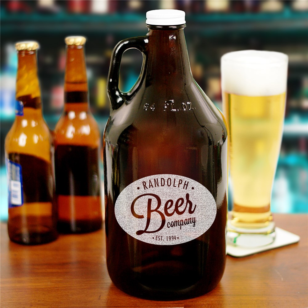 Libbey amber glass beer growler with custom engraved name and year, reusable 64oz bottle with freshness-sealing cap