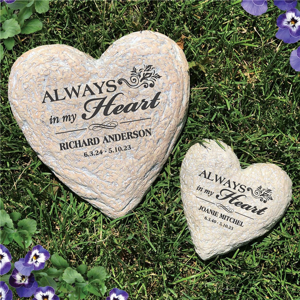 Memorial heart-shaped garden stone with engraved name and dates, lightweight and weather-safe resin with natural stone texture