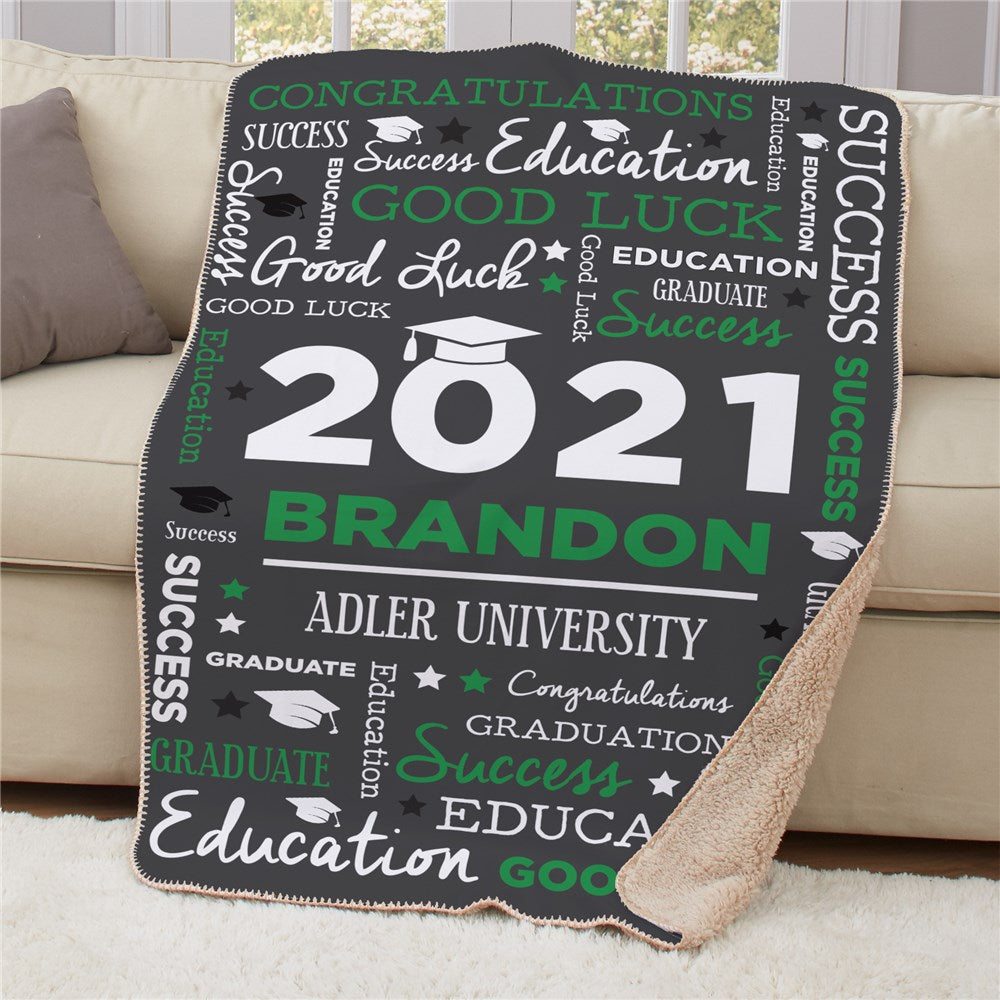 Personalized Word Art Graduation Sherpa Blanket featuring a custom name, year, and message. Soft and cozy, perfect for celebrating a graduate's big achievement.